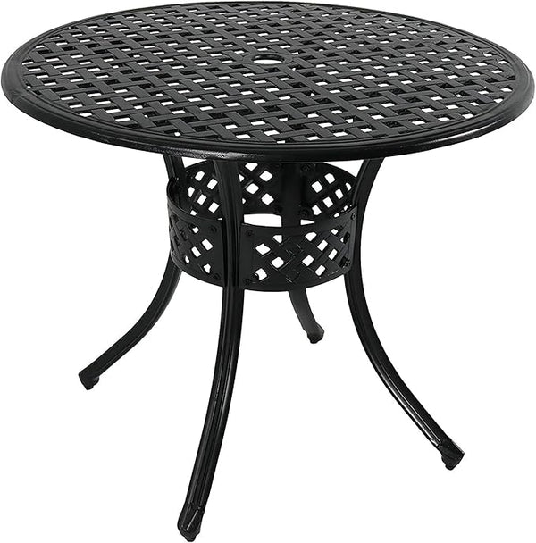 Sunnydaze Decorative Lattice Cast Aluminum Patio Dining Table with Umbrella Hole - 33-Inch Diameter - Black - Photo 1