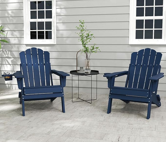 FOOWIN HDPE Adjustable Adirondack Chair Set of 6, 400lbs Heavy Duty Folding Patio Chairs with Cup Holder, 3-Position Reclining Fire Pit Seating, All-Weather Poly Lumber for Backyard, Deck - Navy Blue