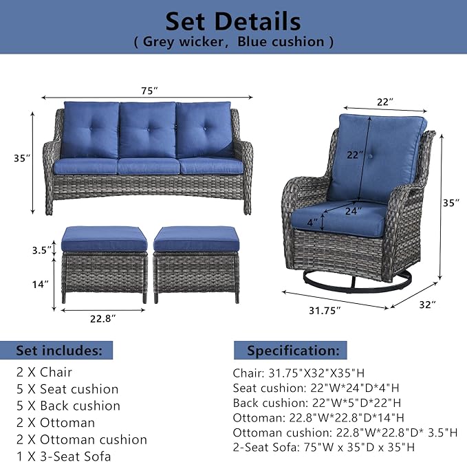 Belord 5 Piece Wicker Patio Furniture Set, Outdoor Swivel Rocker Chairs Set of 2 with Ottomans and 3 Seater Sofa, All Weather Patio Conversation Furniture Set, for Porch Pool, Gray Wicker/Blue