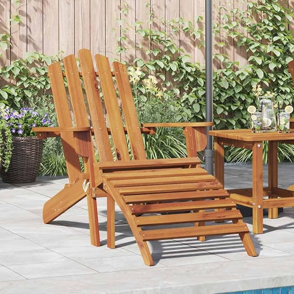 Solid Acacia Wood Foldable Adirondack Chair with Footrest, Natural Brown Finish for Outdoor Patio Garden Balcony - Photo 1
