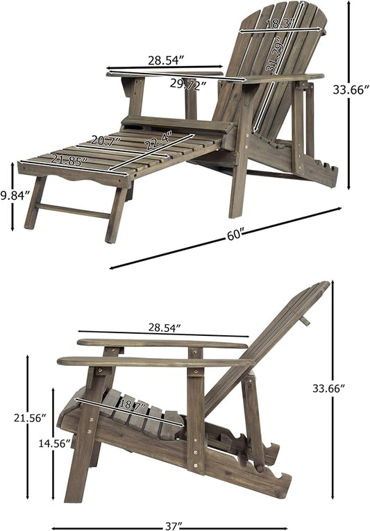 Merax Folding Adjustable Acacia Wood Adirondack Chairs, Water Proof with Retractable Ottoman Outdoor Wooden Lounge Reclining Chair for Garden, Patio, Gray