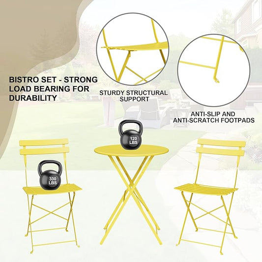 GarveeLife 3 Piece Outdoor Bistro Set, Metal Patio Furniture Set with 2 Chairs and 1 Table, Durable Steel Frame for Garden, Balcony, Porch, Backyard, Yellow