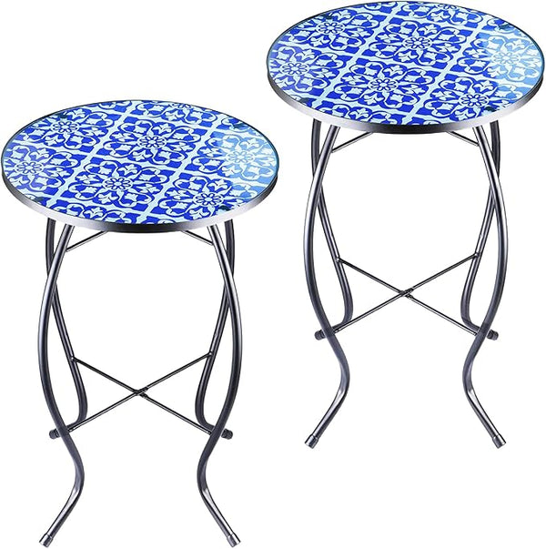 2PCS 12 Inch Small Outdoor Side Table with Blue-White Mosaic, Glass Mosaic Patio Table Indoor - Photo 1