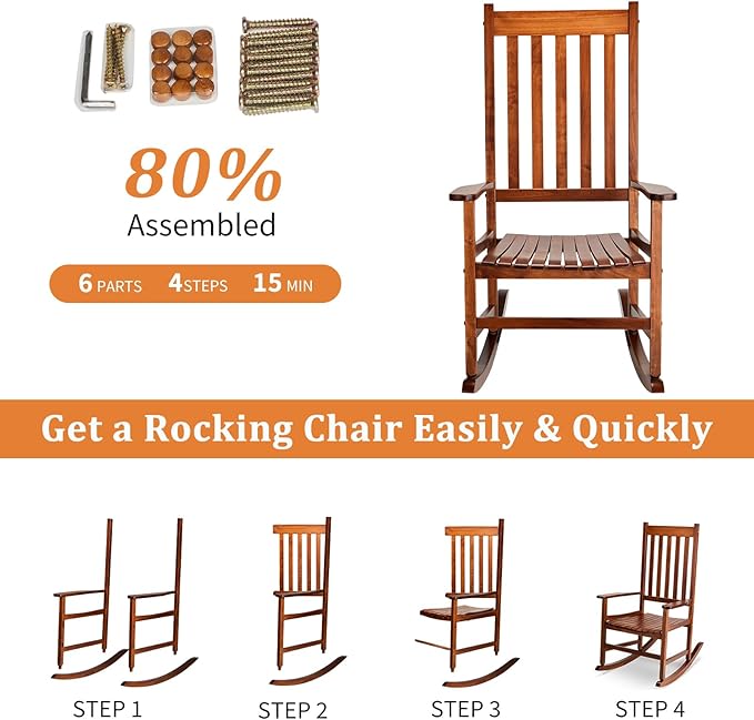 Outvita Outdoor Rocking Chair, Solid Wood High Back Rocker, All Weather Lounge Chair for Porch Patio Fire Pit Garden Backyard Deck Indoor, Natural