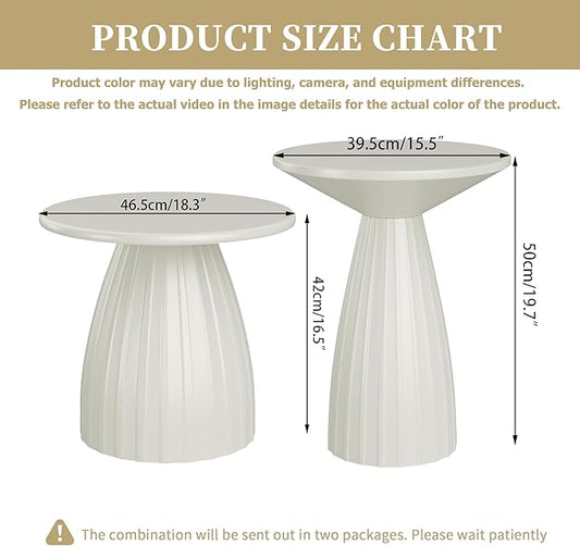 Round Small Patio Side Table Set of 2, Patio Furniture Accent End Table, Metal Steel Outdoor Side Table, for Garden, Pool, Yard, Balcony, Living Room, Deck, Weather Resistant, No Assembly, Beige White