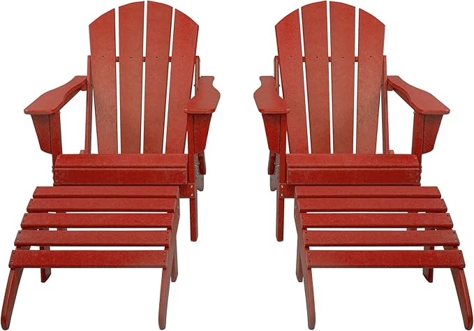 WestinTrends Malibu Outdoor Lounge Chair Set, 4-Pieces Adirondack Chair Set of 2 with Ottoman, All Weather Poly Lumber Patio Lawn Folding Chair for Outside Pool Beach, Red
