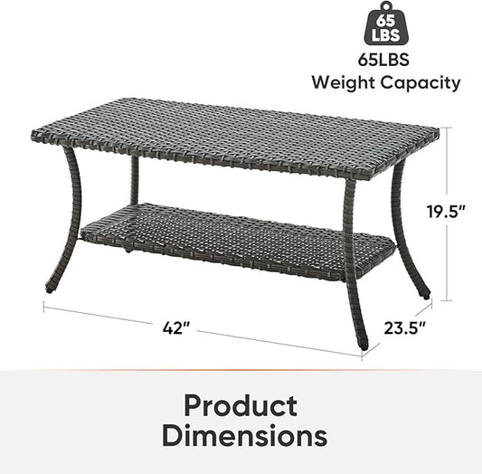 Wicker Outdoor Coffee Table,Rattan Outdoor Coffee Table with 2-Layer Storage Furniture Tables for Garden,Porch,Backyard