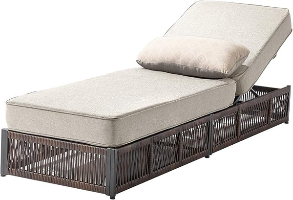 Luxury Outdoor Chaise Lounge with 5 Inch Thickened Cushions - 1 Set High Back Brown Wicker Patio Recliners Rattan - Photo 1