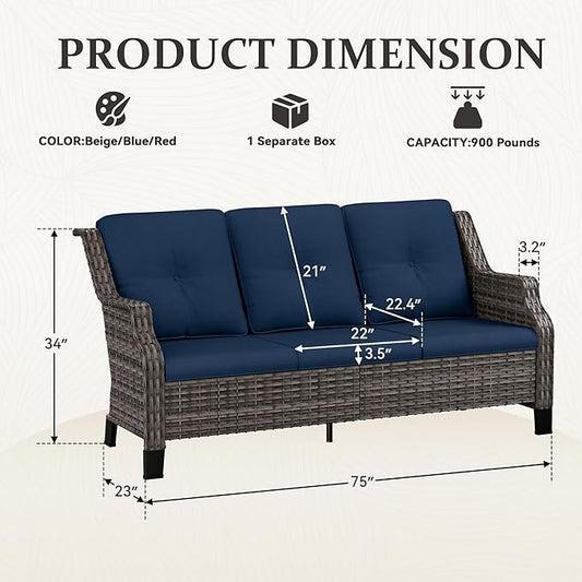 Outdoor Patio Sofa Wicker 3 Seater Sofa, Rattan Couch with Deep Seat and Olefin Cushions, High Backrest, All-Weather for Balcony, Deck, Backyard