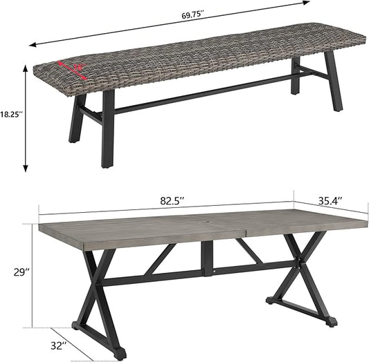 Ulax furniture Outdoor Dining Set Umbrella Hole, Patio Furniture Table Chair with 1 Rectangular Table and 2 Wicker Benches, All-Weather Resistant Outdoor Dining Set