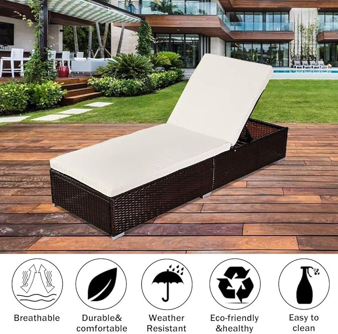 VINGLI Adjustable Wicker Patio Chaise Lounge Outdoor, Rattan Outdoor Lounge Chair, All Weather Patio Chaise Lounge with Adjustable Backrest and Soft Cushions Wicker Daybed (Brown)