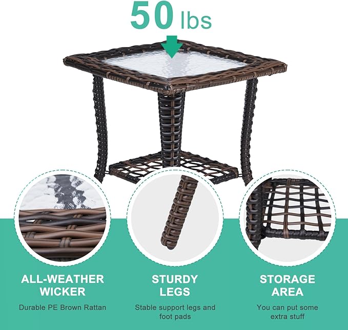 Outdoor Side Table with Storage Wicker Patio Side Table, Tempered Glass Top End Table for Balcony Porch Deck (Brown)