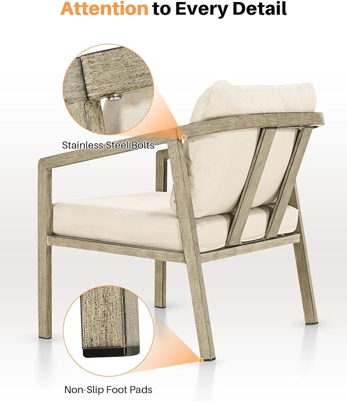 Patio Sofa Chairs Set of 2, Never-Rust Aluminum Outdoor Armchair with Thick Cushions, All Weather 2 Pieces Outdoor Club Chairs, Outdoor Sofa Chairs for Deck, Backyard, Porch, Gray Oak | Never-Rust, Wood-Grain Texture, Wraparound Design, All Weather, Re...
