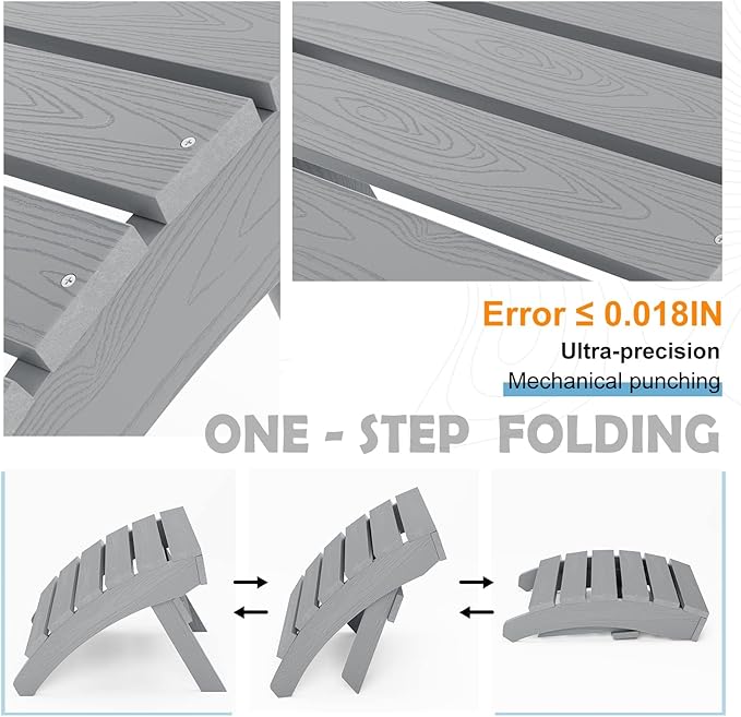MXIMU Folding Adirondack Ottoman Set of 4: HIPS Plastic Outdoor Footrest Easy Assembly - All Weather Foot Stool Foot Rest for Adirondack Chair Use in Patio Garden Backyard Pool (Grey)