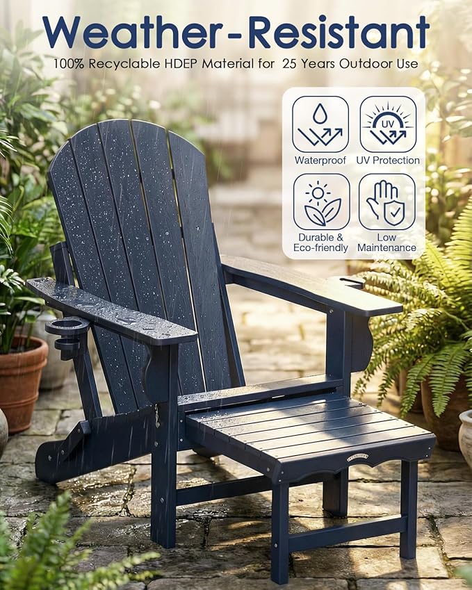 Folding Adirondack Chair with Ottoman, Recyclable HDPE Adirondack Patio Chair with 2 Cup Holder, Outdoor Fire Pit Chairs with Pull Out Footrest, Weather Resistant for Garden, Deck, Poolside, Navy Blue