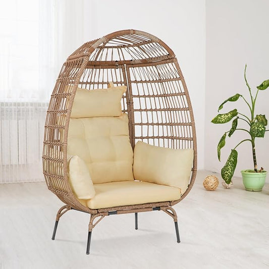 Oversized Egg Chair Outdoor Wicker Egg Chair 352lbs Capacity Outdoor Lounge Chair All Weather PE Rattan Patio Chair with Removeable Thick Cushions for Patio Balcony Backyard Garden Indoor, White