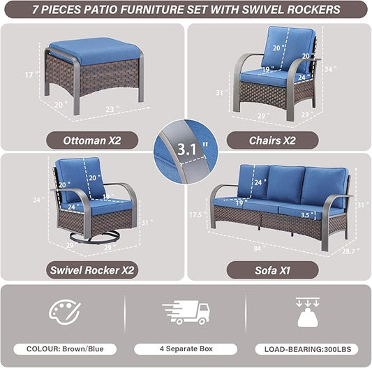 Belord Patio Conversation Sets - 7 Piece Outdoor Patio Furniture Sets with Swivel Rocker Outdoor Chairs, Wicker Couch, Rattan Ottoman for Lawn Backyard Porch Garden, Brown