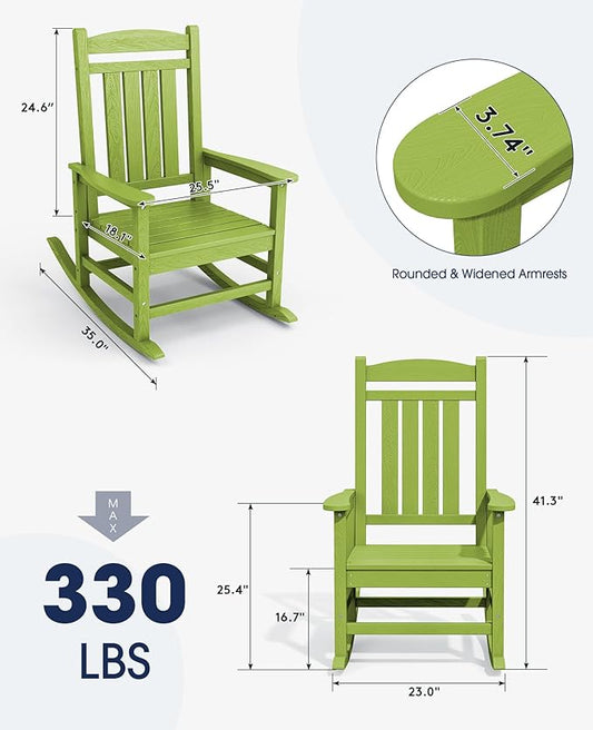 KINGYES Outdoor Rocking Chair Set of 2, HDPE Patio Rocking Chairs with 330lbs Support for Adults, Pistachio Green