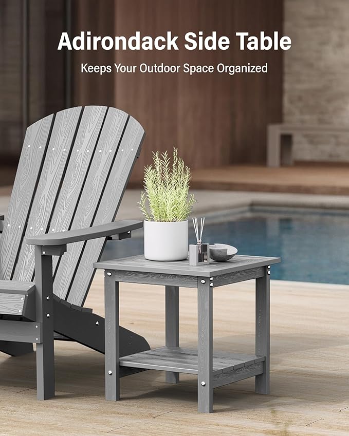 YEFU Outdoor Side Table for Patio: 16x16 in HIPS Small Square Outdoor End Table - 2-Tier Adirondack Tables for Patio Porch Poolside Living Room Beach Bedroom, Grey