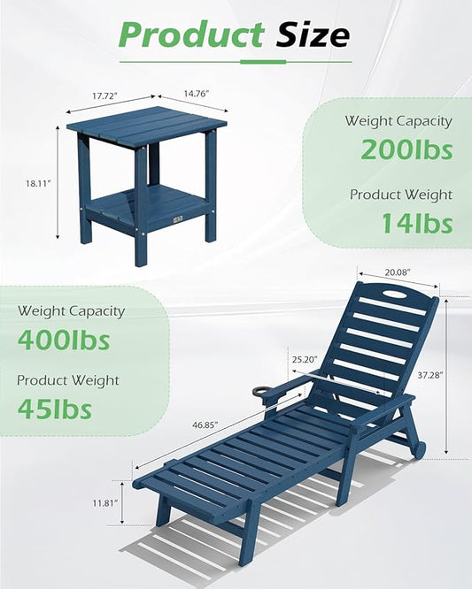 Domi Pool Lounge Chairs Set of 2 with Table, HDPE Outdoor Chaise Lounge Chairs for Outside, Pool Loungers for Poolside, Patio, Sunbathing Tanning, Blue