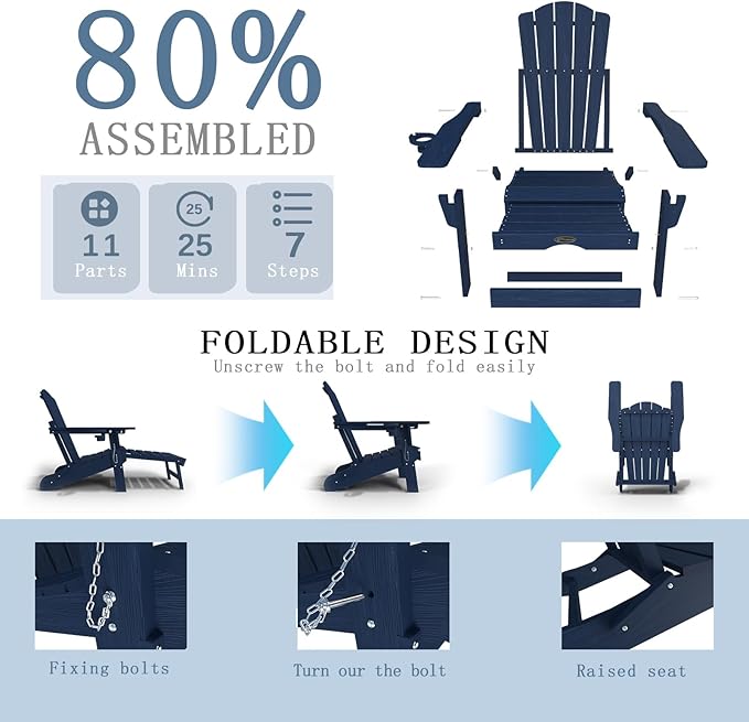 Adjustable Adirondack Chairs with Retractable Ottoman, HDEP Folding Adirondack Chair with Footrest & Cup Holder, All Weather Fire Pit Chair for Outdoor,Navy Blue
