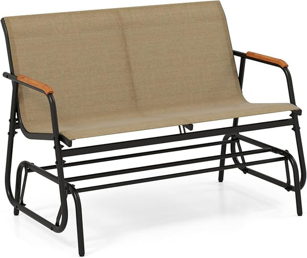 Giantex Patio Glider Bench, 2-Person Swing Gliding Loveseat with Curved Teak Armrests, Fabric Seat, Metal Frame - Photo 1