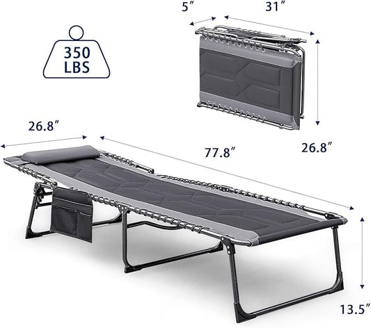 Devoko 4-Fold Padded Portable Folding Outdoor Chaise Lounge Heavy Duty Reclining Chair with Pillow & Side Pocket for Patio, Beach, Pool, Camping, Sunbathing (Gray)
