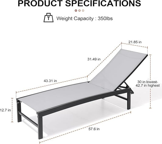 Crestlive Products Chaise Lounge Chair Outdoor Set of 4, Adjustable 5 Positions Pool Lounge Chairs, Metal Tanning Recliner, Outdoor Furniture All Weather for Patio, Beach, Yard, Pool(Light Grey)