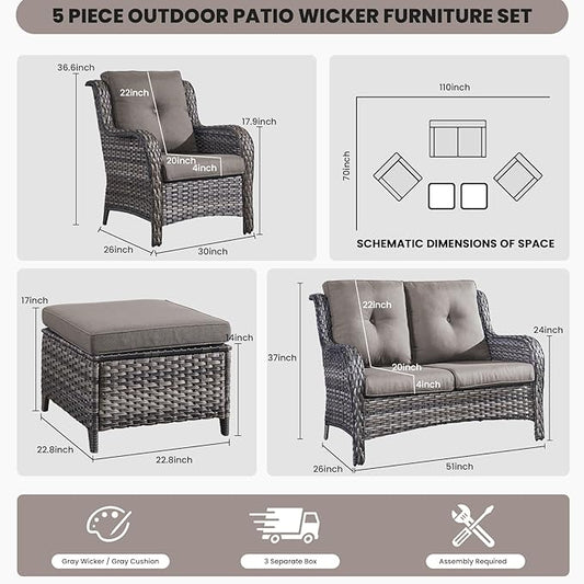 Belord Outdoor Wicker Furniture 5 Pieces Patio Furniture Set Patio Wicker Chairs with Ottomans Conversation Set for Porch Garden Deck Balcony Poolside