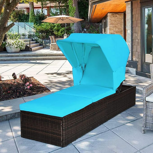 COSTWAY Patio Rattan Lounge Chair Chaise Cushioned Top Canopy Adjustable Turquoise