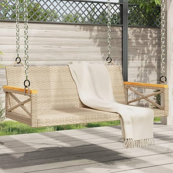 Beige Poly Rattan 2-Seater Patio Swing Bench with Cushions, Weather-Resistant Outdoor Furniture for Garden - Photo 1