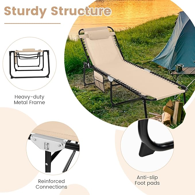 Tangkula Beach Lounge Chair for Outside, Folding Chaise Lounge Outdoor with 4-Position Backrest, Removable Headrest and Side Pocket, Portable Sunbathing Tanning Chair for Patio, Poolside (2, Beige)