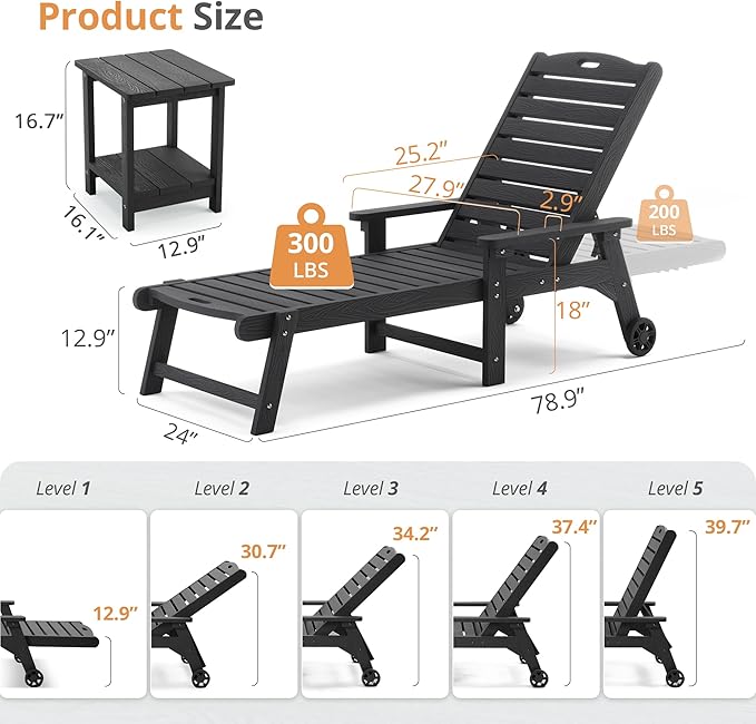 LUE BONA Outdoor Lounge Chair Set with Table, 3-Piece, HDPS Chaise Lounge Outdoor with Wheels, 5 Positions Adjustable Pool Lounger Chairs for Outside, Patio, Deck, Black