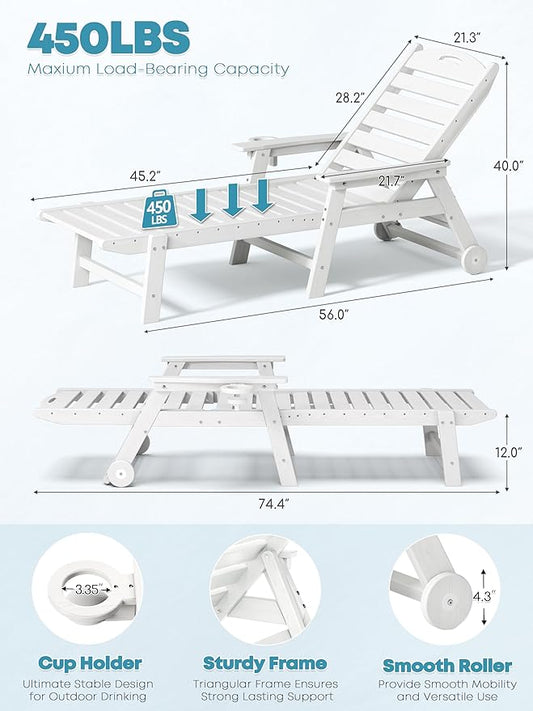 Patio Chaise Lounge Chair Set of 4, HDPE Outdoor Lounge Chairs with 5-Position Adjustable Backrest, Cup Holder and Wheels, 450lbs Capacity for Poolside Deck Backyard, All Weather Material(White)
