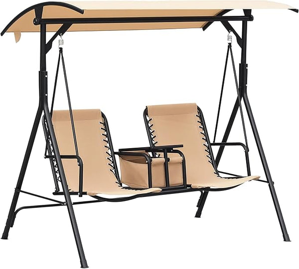 Outsunny 2-Seat Patio Swing Chair, Outdoor Canopy Swing Glider with Pivot Storage Table, Cup Holder, Adjustable Shade - Photo 1