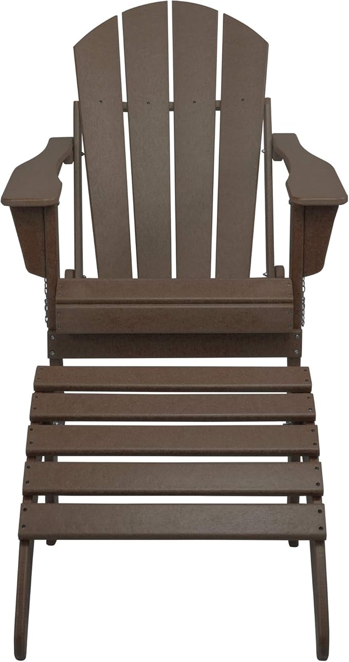 WestinTrends Malibu Outdoor Lounge Chair, 2-Pieces Adirondack Chair Set with Ottoman, All Weather Poly Lumber Patio Lawn Folding Chairs for Outside Pool Garden Backyard Beach, Dark Brown