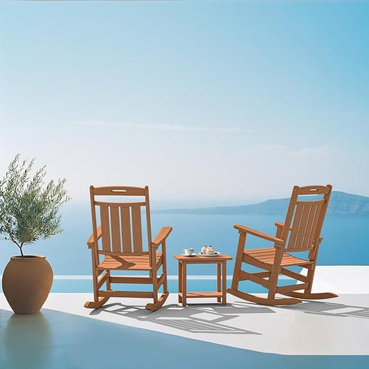 Plawdlik Oversized Outdoor Rocking Chair - All-Weather Resistant,HDPE Heavy Duty Patio Rockers with High Back - Perfect for Porch,Garden,Modern Style Set of 2-Teak