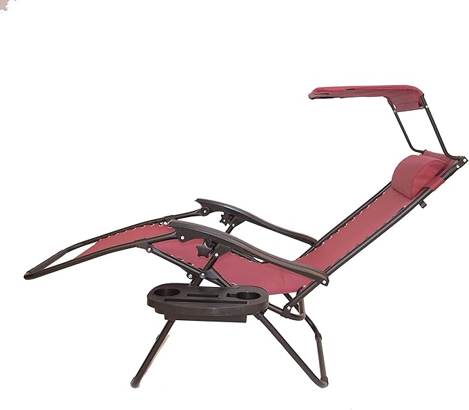 BTEXPERT Set of 2, Adjustable Steel Mesh Zero Gravity Lounge Chairs Case Outdoor Patio Recliner Beach Yard Garden with Pillow Sunshade Utility Tray Cup Holder (Red Burgundy with Canopy)