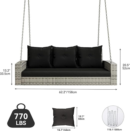 YITAHOME 3-Seats Outdoor Hanging Porch Swing Chair Rattan Black Wicker Patio Swing Chair with Swing Lounge 3 Black Back Cushions Capacity for Garden, Balcony, Courtyard, Gazebo, Porch