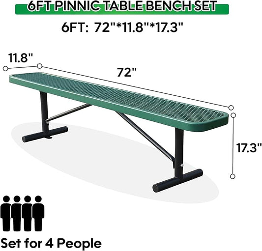 6 Ft Metal Park Benches for Outside, Outdoor Backless Bench with Thermoplastic Coating, Portable Frame, Commercial Expanded Metal Mesh Bench for Shopping Mall, Store, Park, Patio, Deck, Green
