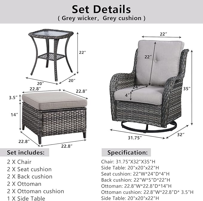 Belord 5 Piece Wicker Patio Furniture Set, Outdoor Swivel Rocker Chairs Set of 2 with Ottomans and Side Table, All Weather Patio Conversation Furniture Set, for Porch Pool, Gray Wicker/Gray