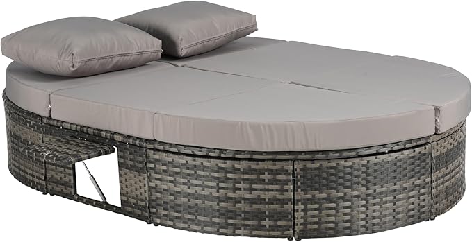 JOSHEN 78" Outdoor Chaise Lounge Chair,Patio Round Daybed,Reclining Wicker Rattan Sun Bed with Adjustable Backrests and Foldable Cup Trays for Backyard,Poolside,Light Gray