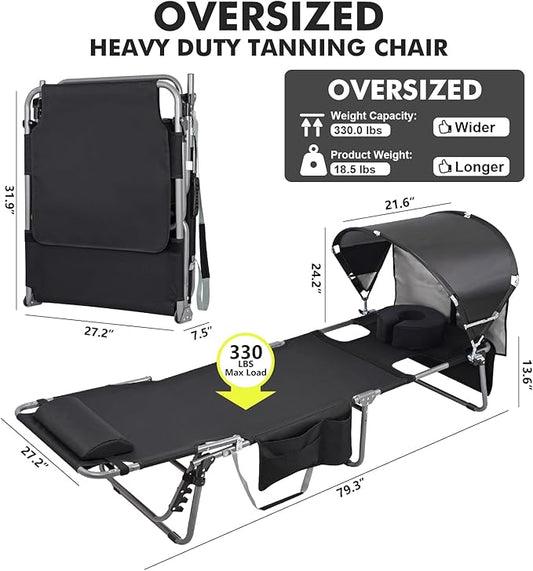 Oversized Extra Wide Tanning Chair with Sun Canopy Face Hole Padded Adjustable Washable, Heavy Duty Layout Folding Lounge Chair for Outside Beach Reading Sunbathing, UPF 50+, XL, Plus Size, 330 LBS