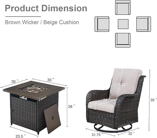 Belord Patio Furniture Set with Fire Pit Table, Outdoor Swivel Rocker Patio Chairs, Wicker Furniture Set Ideal for Porch, Deck, Pool, Yard, SunroomBrown Wicker/Beige