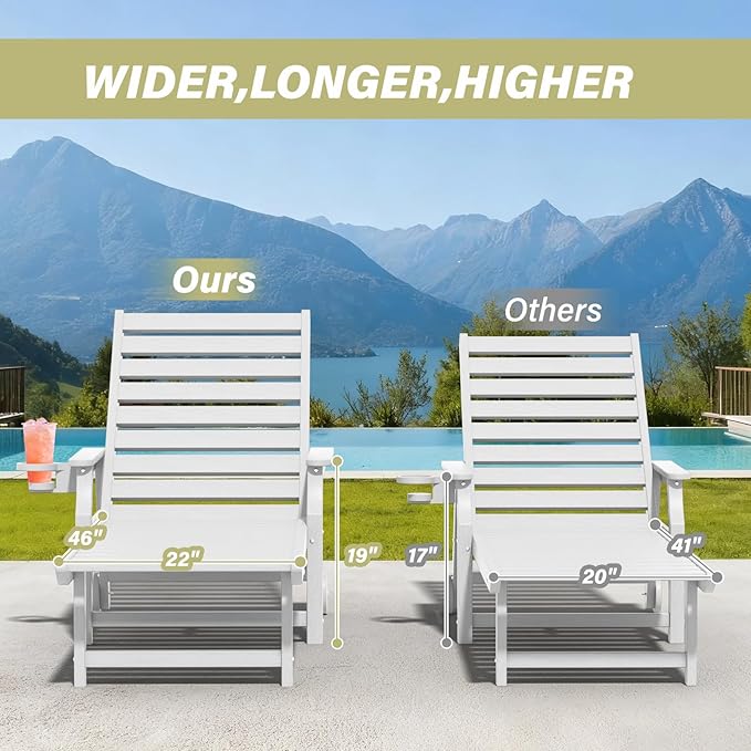 5-Position Adjustable Patio Chaise Lounge - 78'' HDPE Outdoor Lounger with Rolling Wheels & Cup Holder, Longer, Wider, Higher - Perfect for Poolside & Deck, White, 4pcs