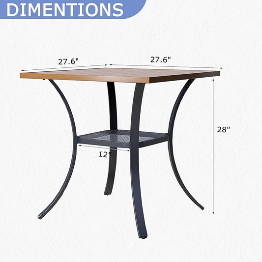 27.6" Square Outdoor Patio Table, All-Weather Metal Patio Table with Storage Shelf,Outdoor Dining Table for Lawn Garden Porch, Walnut