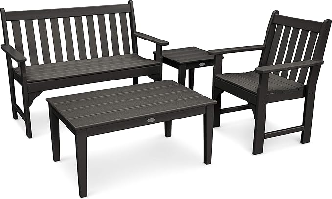 Polywood Vineyard 4-Piece Outdoor Patio Bench Seating Set, All-Weather HDPE Lumber Composite Furniture, Garden Deck Porch Poolside, Black
