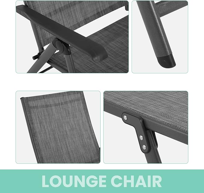 Patio Lounge Chair Chaise Lounges Patio Folding Lounge Chairs for Outside Patio Pool Beach Yard with Adjustable Reclining Lounge Chairs Set of 2 - Gery