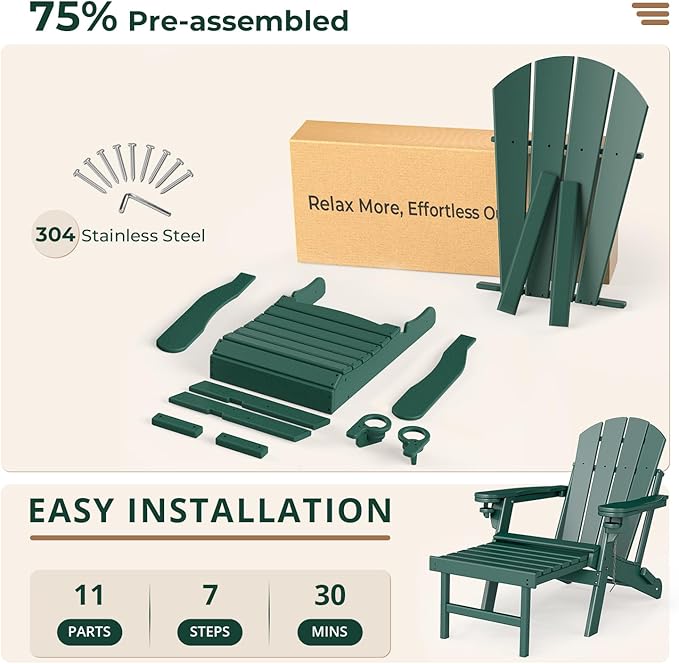 BRIOPAWS Adirondack-Chairs-with-Pull-Out-Footrest | Set of 2 | Folding | HDPE Plastic | Fire Pit Chair | All Weather | Cup Holders | Curved Back | Retractable Ottoman | for Poolside Deck | Forest