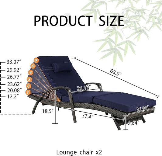 Outdoor Lounge Chairs Set of 2,Wicker Chaise Lounge Chair Pool Chaise Lounge,Patio Lounge Chair with Adjustable Backrest Arm Cushion for Poolside